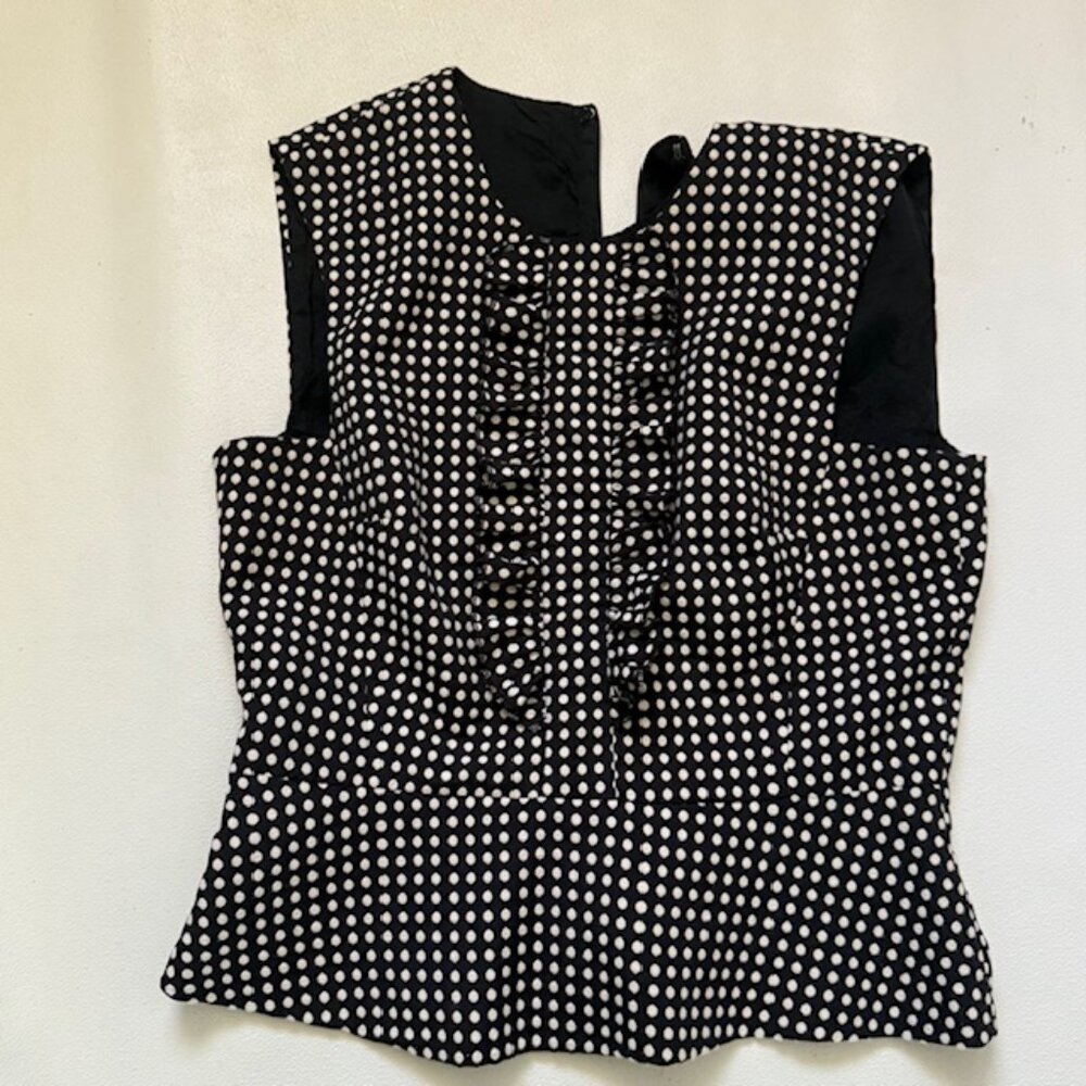 SANDRA ANGELOZZI - Double Lined Black & White  polka-dot Peplum Top EUC